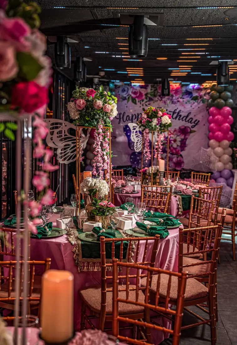 Floral birthday party setup