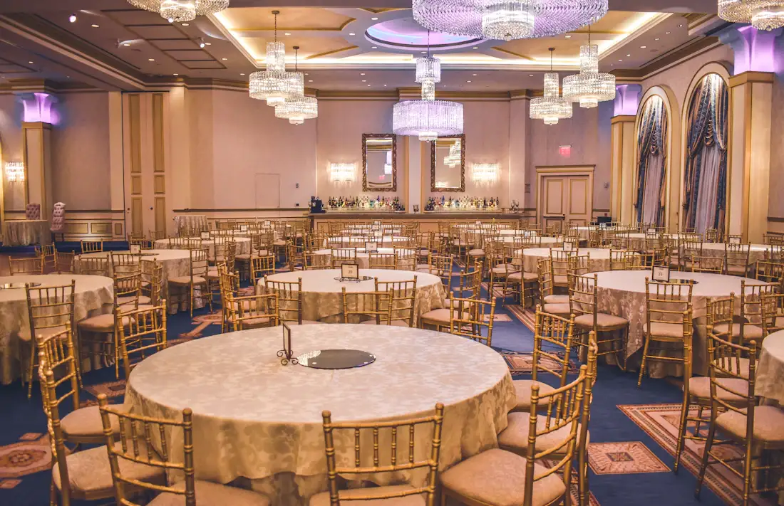 Grand ballroom set for a gala dinner