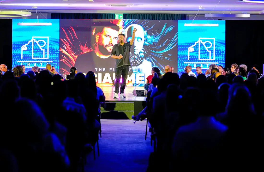 Product launch on stage with screens