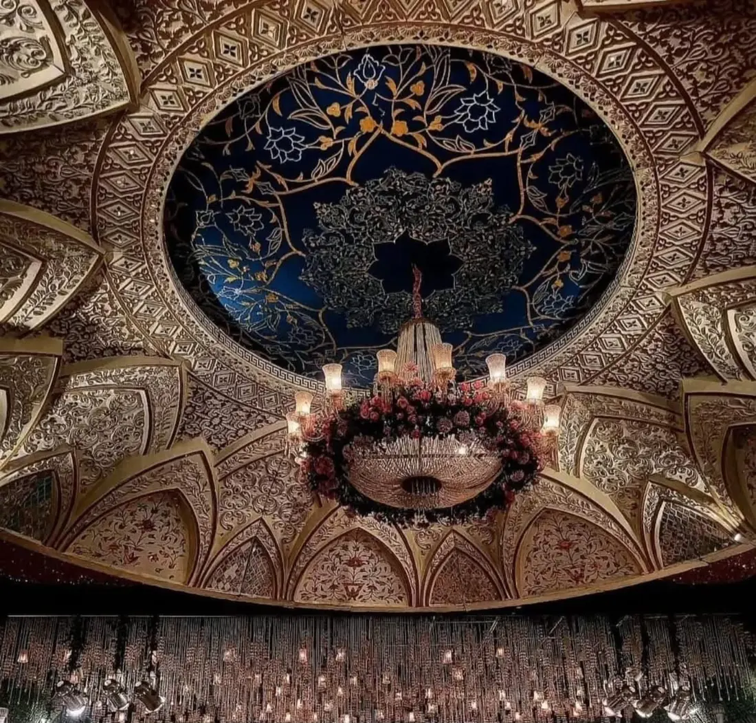 Mughal-style painted dome with floral chandelier for a qawwali night