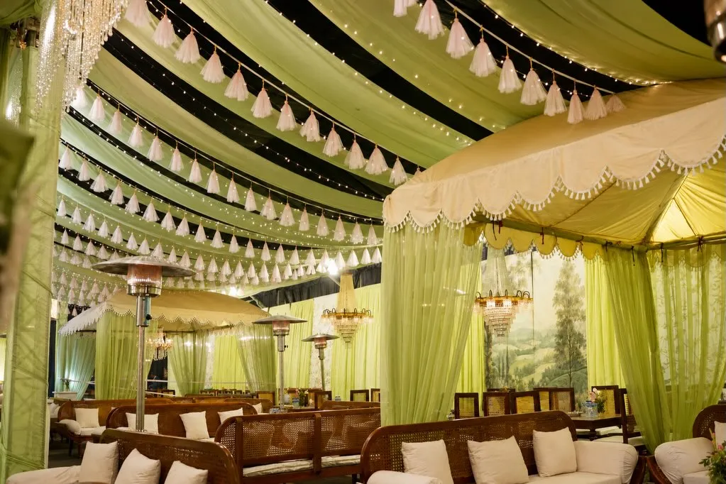 Sage green mehndi decor with draped canopy, Lahore, by Events by OT